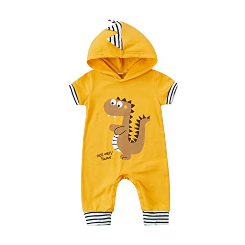 GNMKILUS Grenouillère mignonne à manches courtes pour bébé garçon - Combinaison short dinosaure une pièce - Vêtements d'été pour nouveau-né garçon, jaune, 12 mois Cover