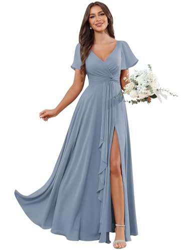 Women's Flutter Sleeve Bridesmaid Dresses for Wedding with Ruffle Chiffon V-Neck Evening Formal Gown with Slit
