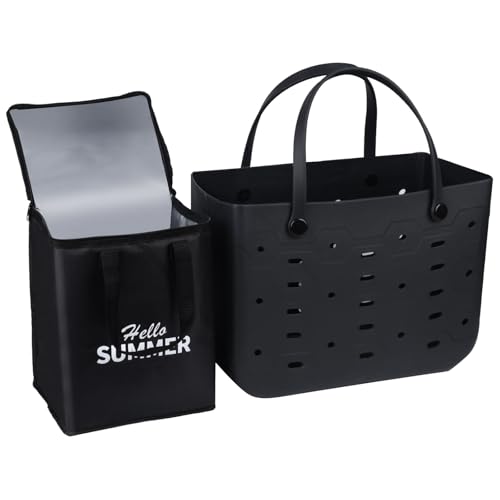 PoVwlty Rubber Beach Bag with Insulated Cooler Waterproof Tote for Summer (BLACK Medium)