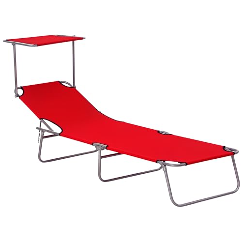 Outsunny Transat Bain de Soleil Pliable Chaise Longue Pliante Grand Confort Dossier Inclinable Multi-Positions et Pare-Soleil réglable Dim. 187L x 58l x 36H cm Rouge