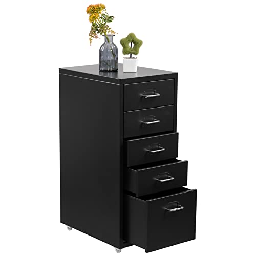 HollyHOME Gabinete de Archivos móvil, Organizador de Archivos con Ruedas para Debajo del Escritorio de 5 cajones, gabinete de Almacenamiento de Metal con Ruedas para el hogar y la Oficina, Negro