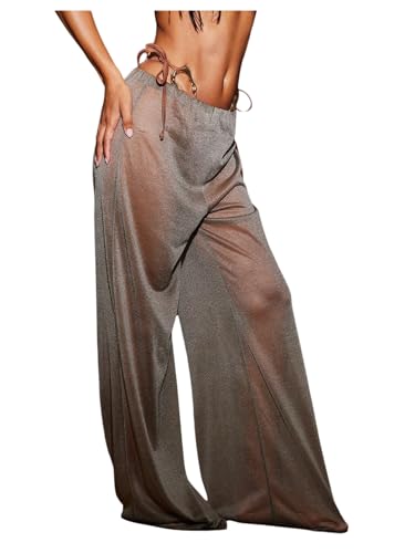 Milumia Women Sexy Wide Leg Sheer Pants Elastic Low Waist Loose Summer Beach Trousers