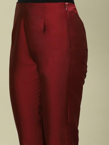 Image of Maroon Polyester Slim Solid Pants