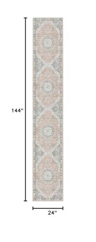 Madane Hallway Runner Rug 2x12, Extra Long Washable Runner Rugs with Rubber Backing, Non Slip Carpet Runner for Hallway, Vintage Rug Runners for Kitchen Laundry Room Entryway (Pink/Gray, 2'x12')