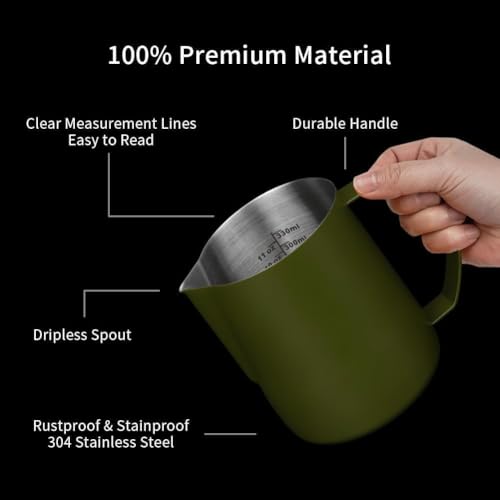 Image of watchget Stainless Steel Milk Frothing Pitcher 12oz /350ml - Espresso Steaming Pitcher for Cappuccino, Latte Art, Coffee Machine Accessories Milk Jug Coffee Frother Cup, Matte Green (Pack of 2)