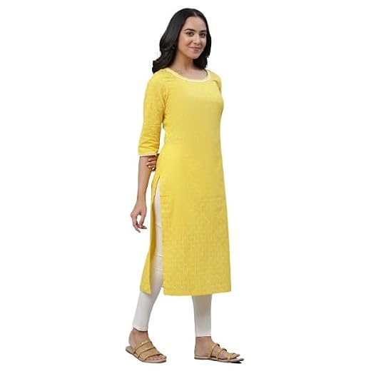 Aurelia Yellow Vertical Striped Cotton Regular Kurta for Women