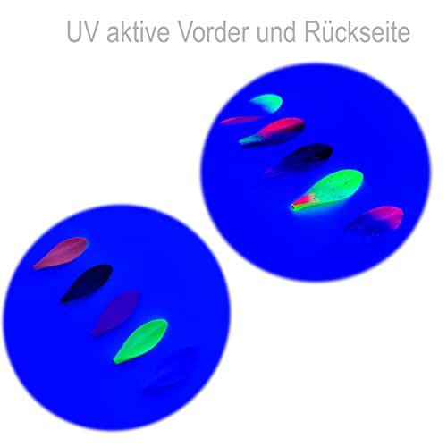 Njord Kalastus Inline Spoon forel 5 stuks in doos 4,5 g complete set met 5x haken en 5x kralen | UV actief | doorloopknipperlicht forelaas inline spoon inline doorloop lepels forel hengelset - Image 7