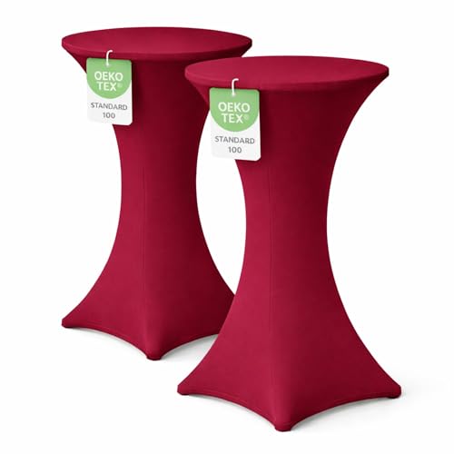 EXKLUSIV HEIMTEXTIL Stehtischhusse für Bistrotisch mit 4 verstärkten Fußlaschen elastisch Stretch Oeko-TEX Zertifiziert Ø 60-65x110-120 cm Bordeaux (2 Stück)