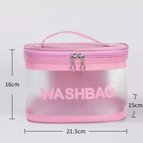 Image of Transparent and PU Waterproof Cosmetic Wash Bag (Pink, Square Shape) - Travel Toiletry Organizer Pouch with Zipper & Handle for Makeup & Skincare (21.5W x 15B x 16H cm, Pack of 1)