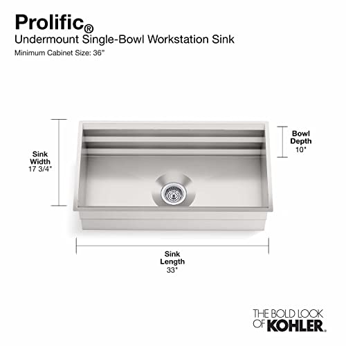 KOHLER 5540-NA Prolific 33 Inch Workstation Stainless Steel Single Bowl Kitchen Sink with Included Accessories, Undermount Installation, Stainless Steel KOHLER 5540-NA Prolific 33 Inch Workstation Stainless Steel Single Bowl Kitchen Sink with Included Accessories, Undermount Installation, Stainless Steel