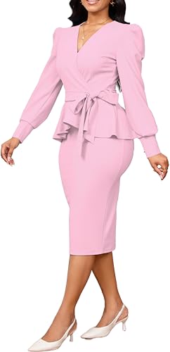 Image of Dresses for Women Elegant Long Sleeves Ruffles Pencil Knee Length Split Business Dress with Belt Zipper