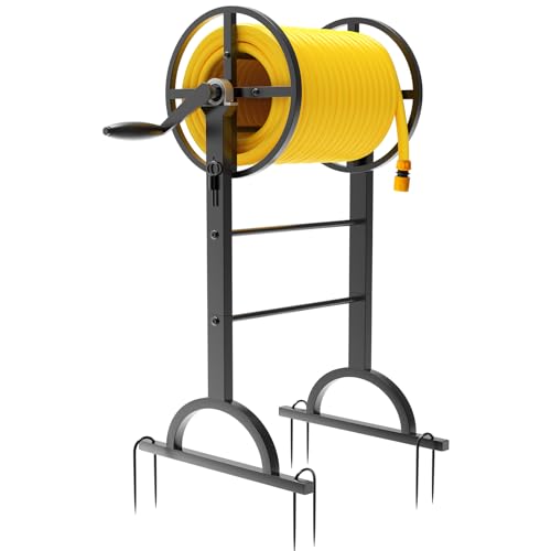 Garden Hose Reel with Handle – Heavy Duty Metal Freestanding Water Hose Holder, Upgraded...