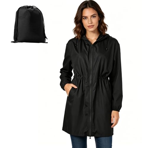 Image of SCCGKP Women's Waterproof Long Raincoat with Hood Outdoor Lightweight Windbreaker Rain Jacket for Golf Hiking Travel (UK, Alpha, S, Regular, Regular, Black)