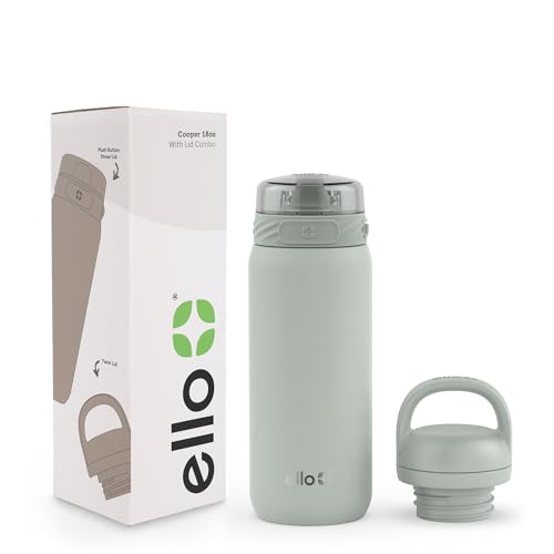Ello Cooper 18oz Kids Stainless Steel Water Bottle with 2 Lids Chug and Straw | Leak Proof Double Walled and Vacuum Insulated | Fits Car Cupholder | Built in Carry Loop | Dishwasher Safe | Sage