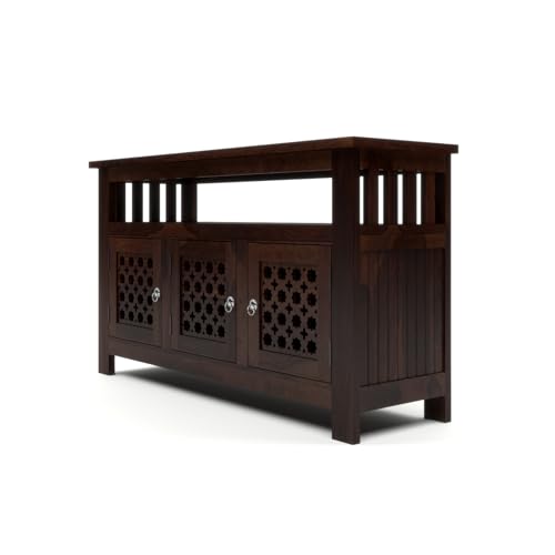 Image of Solid Sheesham Wood TV Unit Cabinet with Carved Doors | Wooden Entertainment Unit for Living Room | Multipurpose Sideboard for TV, Decor & Home Organization (Walnut Finish)