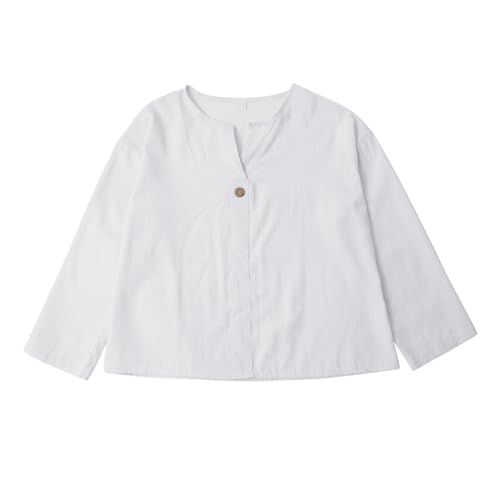 Linen Cotton Shirts for Girls 3/4 Sleeve Button V Neck Tunic Blouses Oversized Cotton Linen Shirts Dressy Casual Shirt2