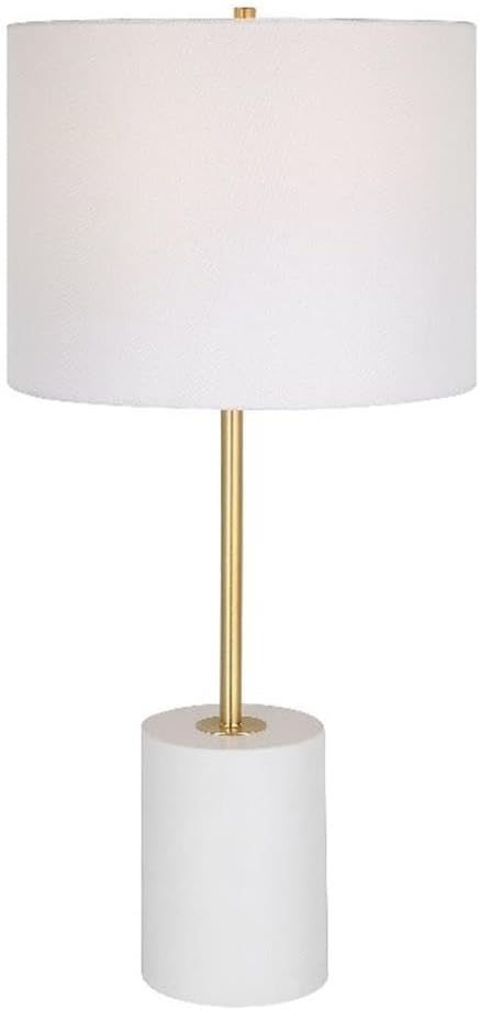 BOWERY HILL 1-Light Coastal Table Lamp, Metal Base with Gold Accents, White Linen Drum Shade, 27.5 in Height, 150W Max, Contemporary Style Lighting for Living Room or Bedroom