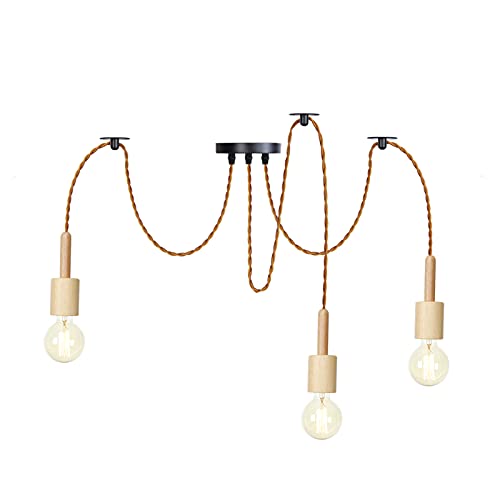 Lampade a sospensione, lampada ragno a soffitto regolabile fai da te, lampadario moderno in legno a sospensione per cucina interna camera da letto,3 lights