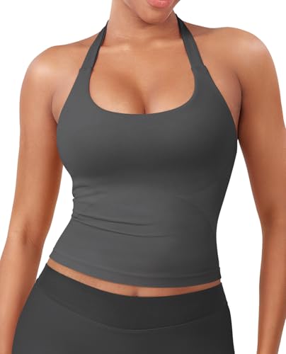 Image of YEOREO SoftHue Women's Impact Halter Tank Top Longline Backless Scoop Neck Built-in Bra Sports Workout Gym Crop Top