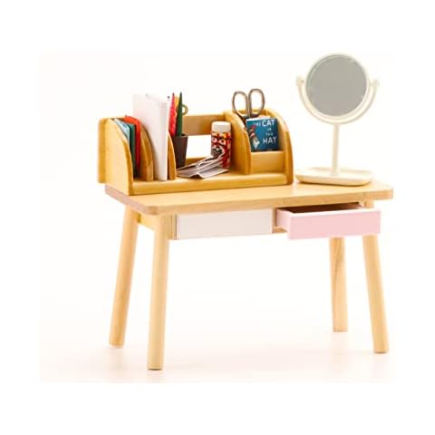 3 Pcs Mini Study Room Miniature Table Bookshelf Mirror Dollhouse Accessories for Doll 1/6 1/12 Scale Cover