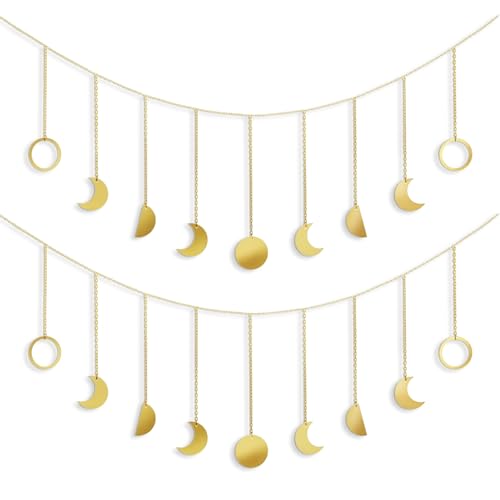 2 Stück Holz Mondphasen Girlande mit verschiedenen Mondformen Boho Chic Wanddekoration für Wohnzimmer Schlafzimmer Café Sofas Aesthetic Room Decor...