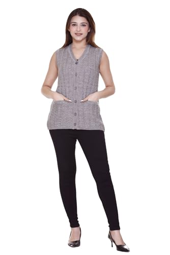 Image of aarbee Self Design Sleeveless V Neck Woollen Cardigan for Women with Front Pockets