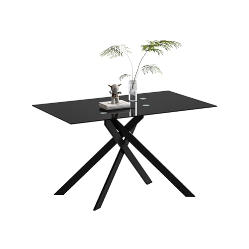 Glass Dining Table for 4 People, 51.2 Inches Rectangular Glass Kitchen Table with Black Steel Legs,...