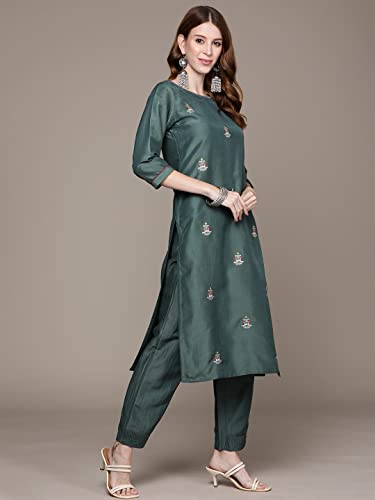 Image of anubhutee Women's Muslin Green Floral Embroidered Straight Kurta Suit Set With Pants And Dupatta