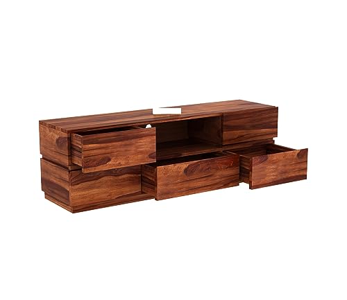 Image of Rustic Solid Sheesham Wood TV Unit Chest of Drawers for Living Room - 5 Drawers and 1 Shelf Storage - Accommodates up to 60 Inch TV (Bayern, Honey Finish)