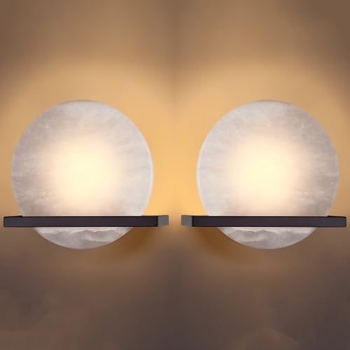 Image of 2 Pack 1 Light 8 inch Round Natural Alabaster Bathroom Wall Sconce Modern Concise Style Wall Light Fixture,Oil Rubbed Bronze Finish for Bedroom Hallway Bedside Living Room