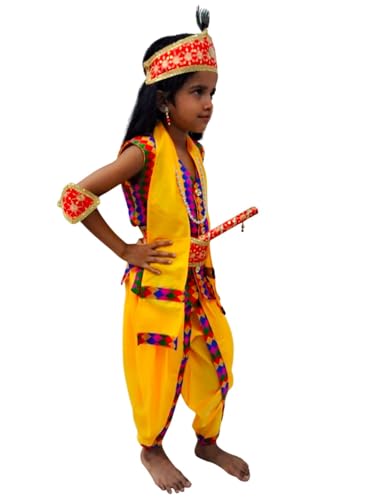 Image of BookMyCostume Shri Krishna Multicolor Kids Fancy Dress Costume 9 Pcs Set with Red Accessories & Wig - Premium 5-6 years