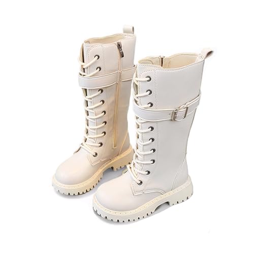 Girls Leather Riding Knee High Boots with Side Zipper Fashion Buckle Straps Comfort Round Toe Chunky Heel Lace Up Combat Boots Non-slip Lug Sole Motorcycle Boots Little Kid/Big Kid (white,13)