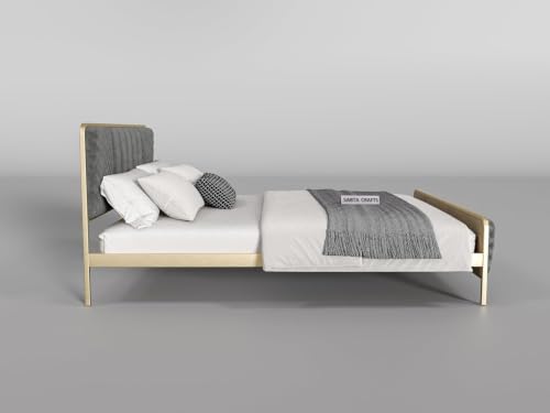 Image of Modern Upholstered Queen Size Bed for Bedroom | Metal Double Bed | Platform Cot Bed with Upholstery Premium Fabric | (6.5 x 5 Ft) | Powder Coated Bed | Grey