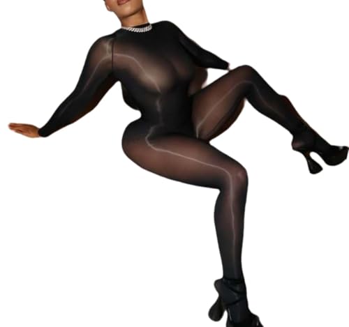 Wuitrie Womens Fall Silky Sheer Mesh Jumpsuit Solid Black Long Sleeve Bodycon Layering Pants Bodysuit Night Sexy Clubwear