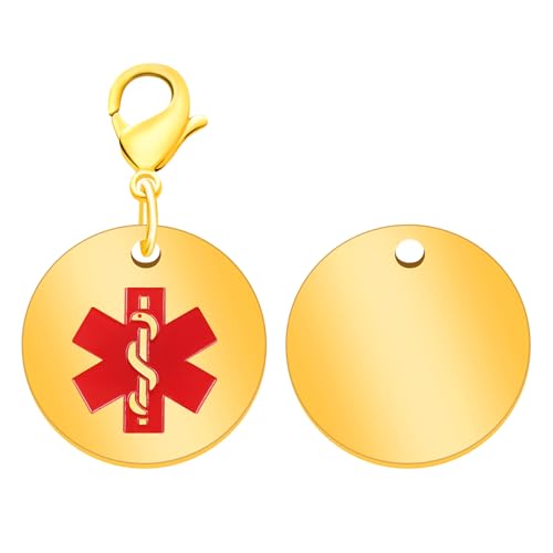 JunyiDIY Llavero médico redondo, impermeable, de acero inoxidable, personalizable, joyería médica de emergencia para hombres, mujeres y personas mayores, Diy-gold, M