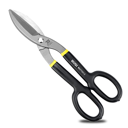 B BOSI TOOLS Tin Snips 12 Inch Flat Blade Metal Cutters Straight Shears Heavy Duty Drop Forged Carbon Steel Blade with Comfortable Rubber Dipped Handle for Cutting Sheet Metal