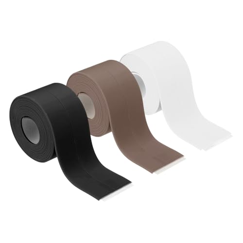 sourcing map 3 rollos de cinta de calafateo impermeable autoadhesiva, tira selladora para baño, bañera, inodoro, cocina, encimera, suelo, protector de bordes de pared, negro, blanco, marrón, 1.5 x