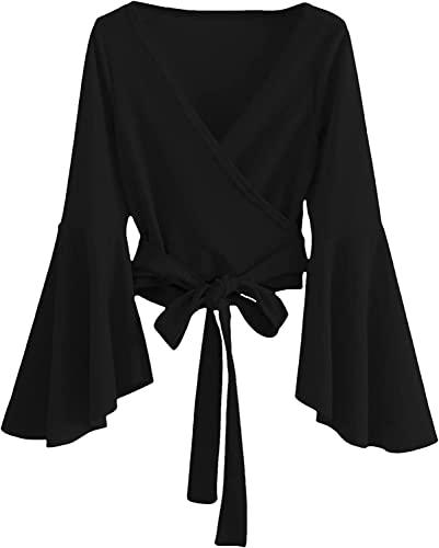 Image of TASHVIKA'S Women's Long Sleeve V Neck Tie Knot Wrap Blouse Top