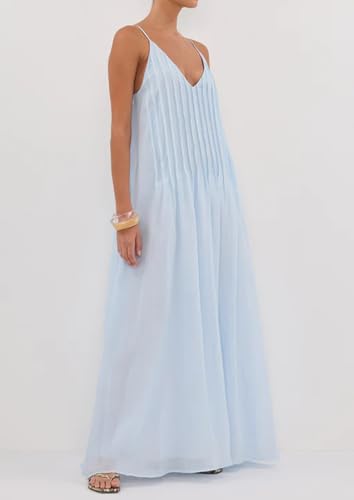 Image of Anoumcy Summer Pleated Maxi Dresses for Women 2026 Spaghetti Strap V Neck Vacation Beach Long Flowy Boho Sundress