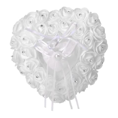 Jwqqwdza Romantic Heart Shaped Rose Ring Bearer Pillows with Bow, Wedding Ring Pillow for Ceremony & Proposal, Luxury Ring Box (White, 6" L * 6" W) Cover