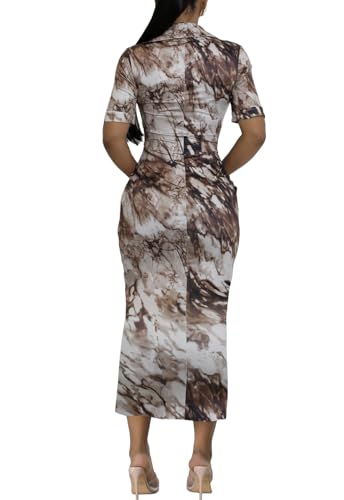 Image of ZERMOM Women's Button Down Shirt Dress Short Sleeve Print Collar V Neck Summer Bodycon Midi Dresses