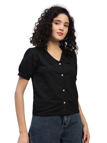 Image of Shirt for Women Printed Casual V-Neck Button Down Short Sleeve Blouse Crop Top, Stylish Collared, Formal, Trendy