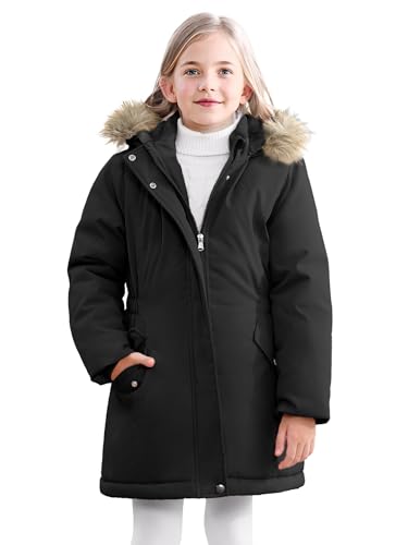 XMWEALTHY Girls Winter Coat Kids Warm Long Puffer Jacket Hooded Down Parka Padded Fleece Snow Outerwear Black 11-12Y