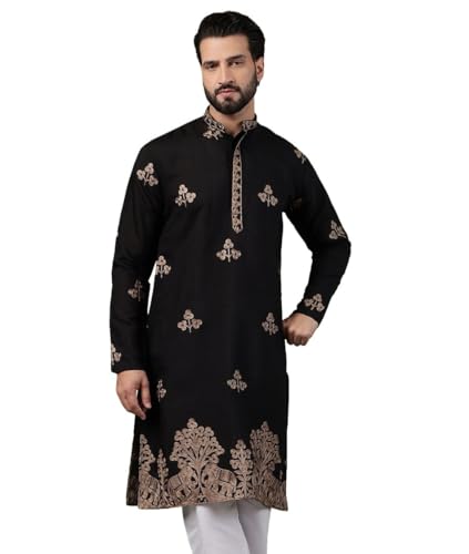 Image of SOJANYA (Since 1958 Men's Cotton Contrast Coffee Thread Embroidered Long Kurta