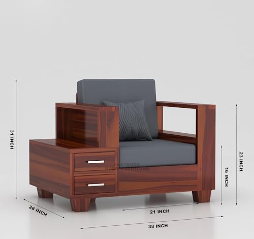 Image of Sheesham Wooden 1 Seater Sofa Set for Living Room | Solid Wood Sofa with Side Box Storage & Cushion | Rosewood Sofa Set for Home & Office | Lounge (Honey, 1 Seater)