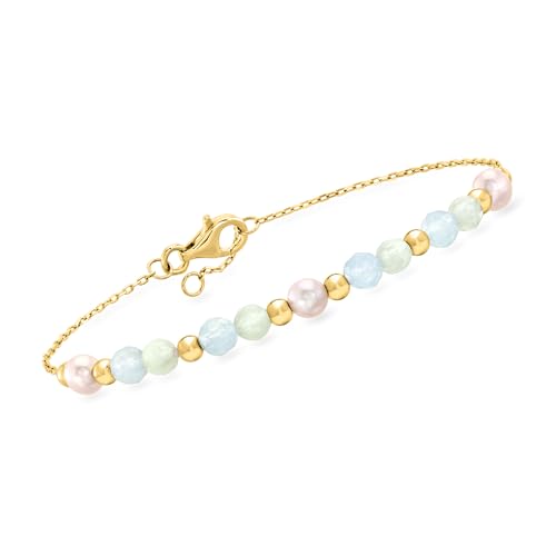 Pure Collection by Ross-Simons 1.80 ct. t.w. Aquamarine and 4-4.5mm Prehnite Bead Bracelet With 4.5-5mm Cultured Pearls in 18kt Gold Over Sterling. 7.5 inches