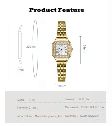 Elegant Gold Square Diamond-Accent Watch for Women - Luxurious Stainless Steel Business Casual Timepiece - Image 6