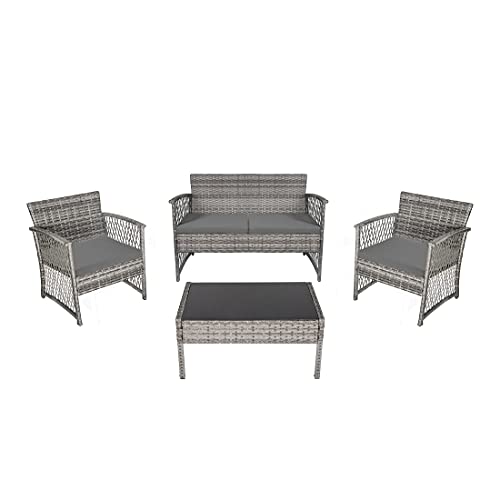Image of Carry Bird 4 Piece PE Wicker Rattan Outdoor Furniture | 4 Seater Balcony Sofa With Tea Table | Set of 2+1+1 Outdoor Patio Chairs with Coffee Table | Sofa Sets & Center Table for Home & Garden | 3 Piece Patio Stools with Table | Indoor Patio Furniture Set Space Saving | Rattan Chair | Patio Set | Wicker Conversation Set | Poolside Lawn Arm Chairs Set For Balcony & Terrace | Balcony Table chair Set | Hotel Patio Seating Chair & Table Set with Glass | Grey Cushion Grey Wicker
