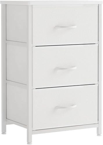 CAIYUN Mesita de noche con 3 cajones, cómoda estrecha de tela, aparador con tablero de madera, almacenamiento para dormitorio, salón, pasillo, diseño moderno, color blanco, ahorra espacio