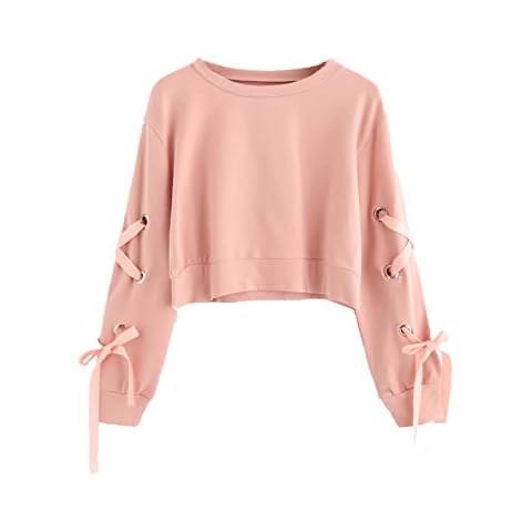 SweatyRocks Women's Casual Lace up Long Sleeve Pullover Crop Top Sweatshirt Solid Pink Medium Cover